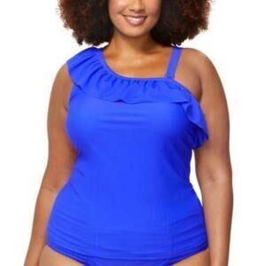 New Raisins blue ruffle one shoulder tankini top size 16 W